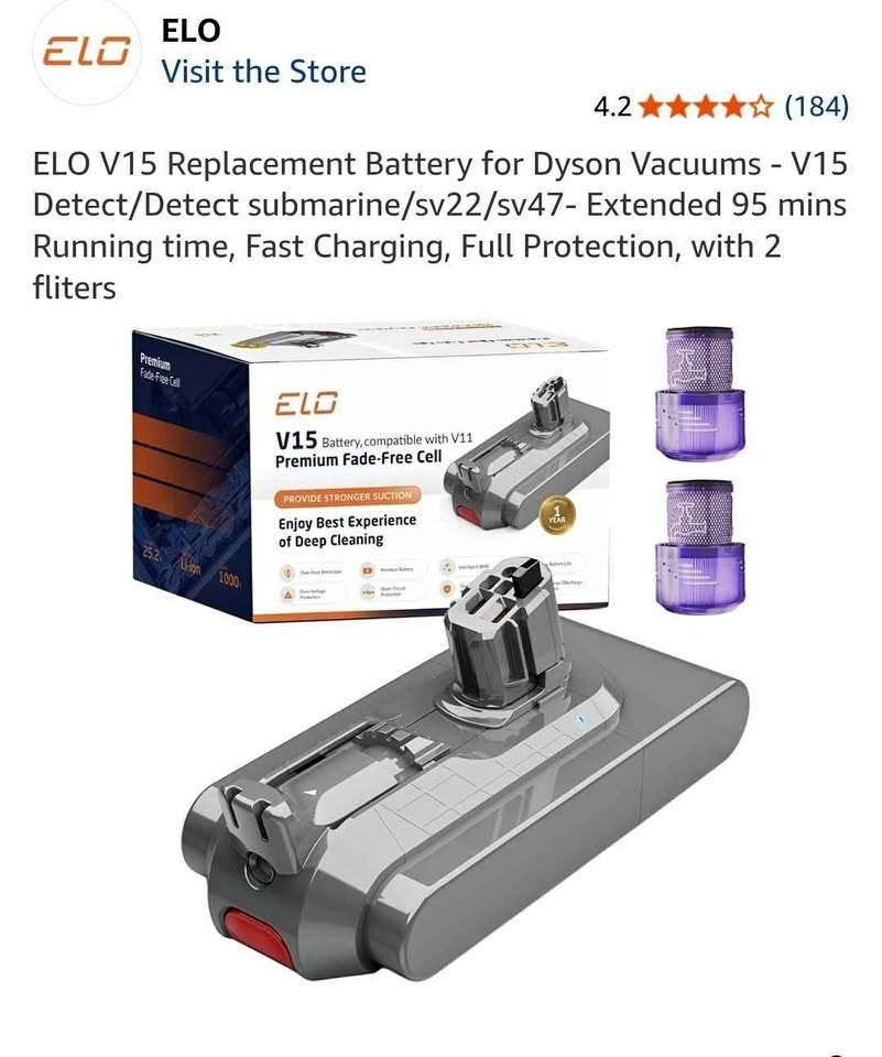 ELO V15 Replacement Battery for Dyson Vacuums - Extended