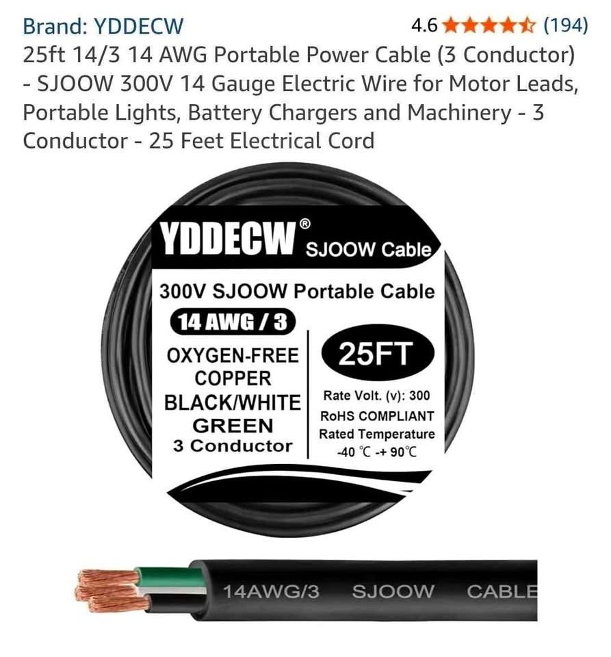 25ft 14/3 14 AWG Portable Power Cable