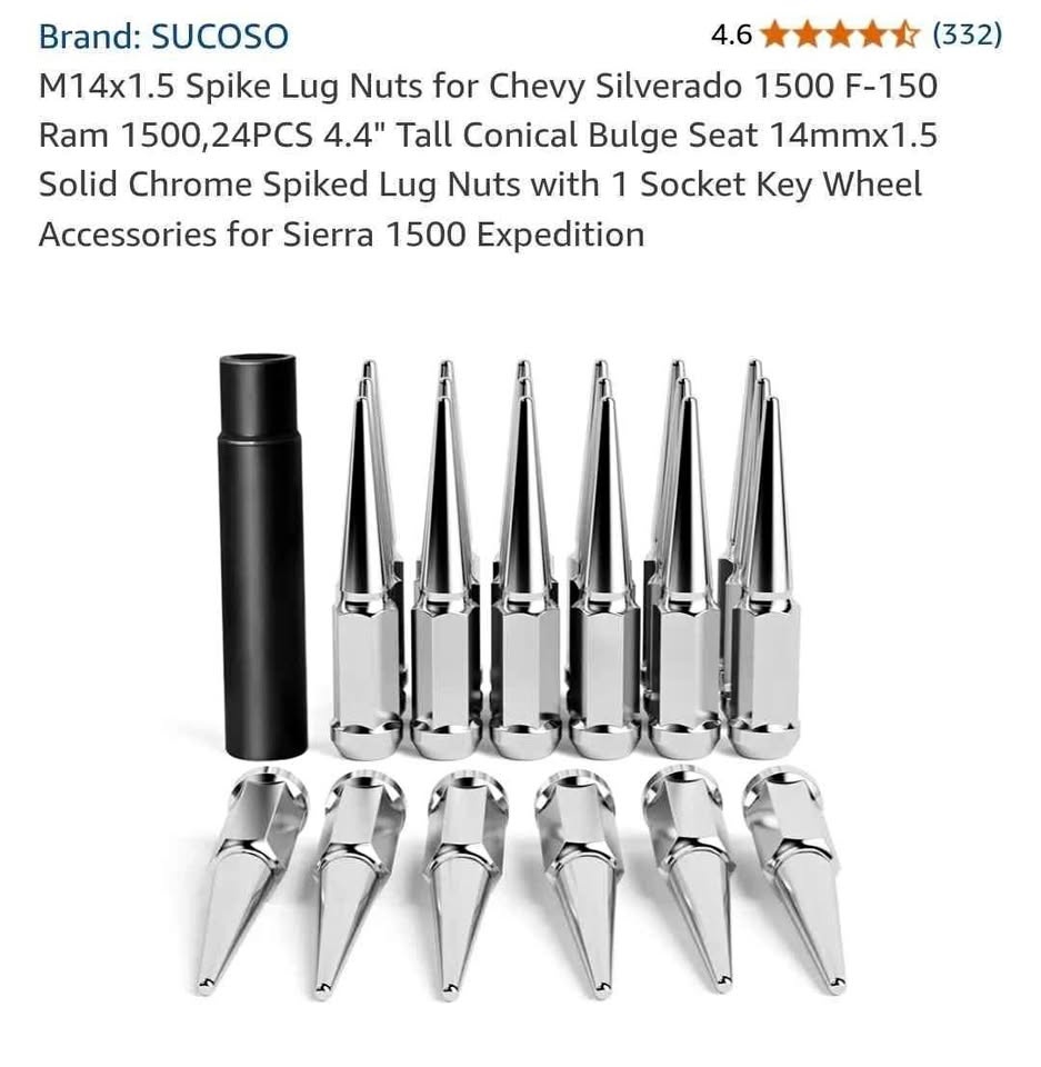 M14x1.5 Spike Lug Nuts for Chevy/Ford/Ram, 24PCS