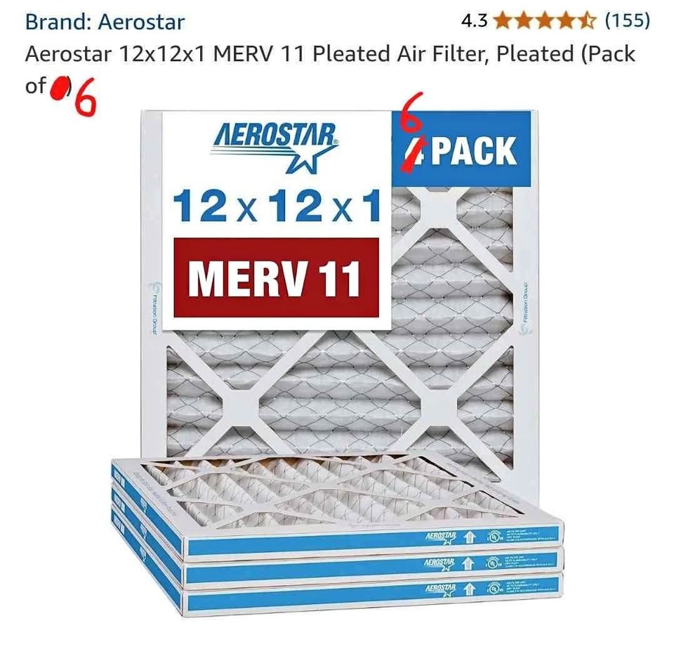 Aerostar 12x12x1 MERV 11 Pleated Air Filter, Pleated (Pack of 6)