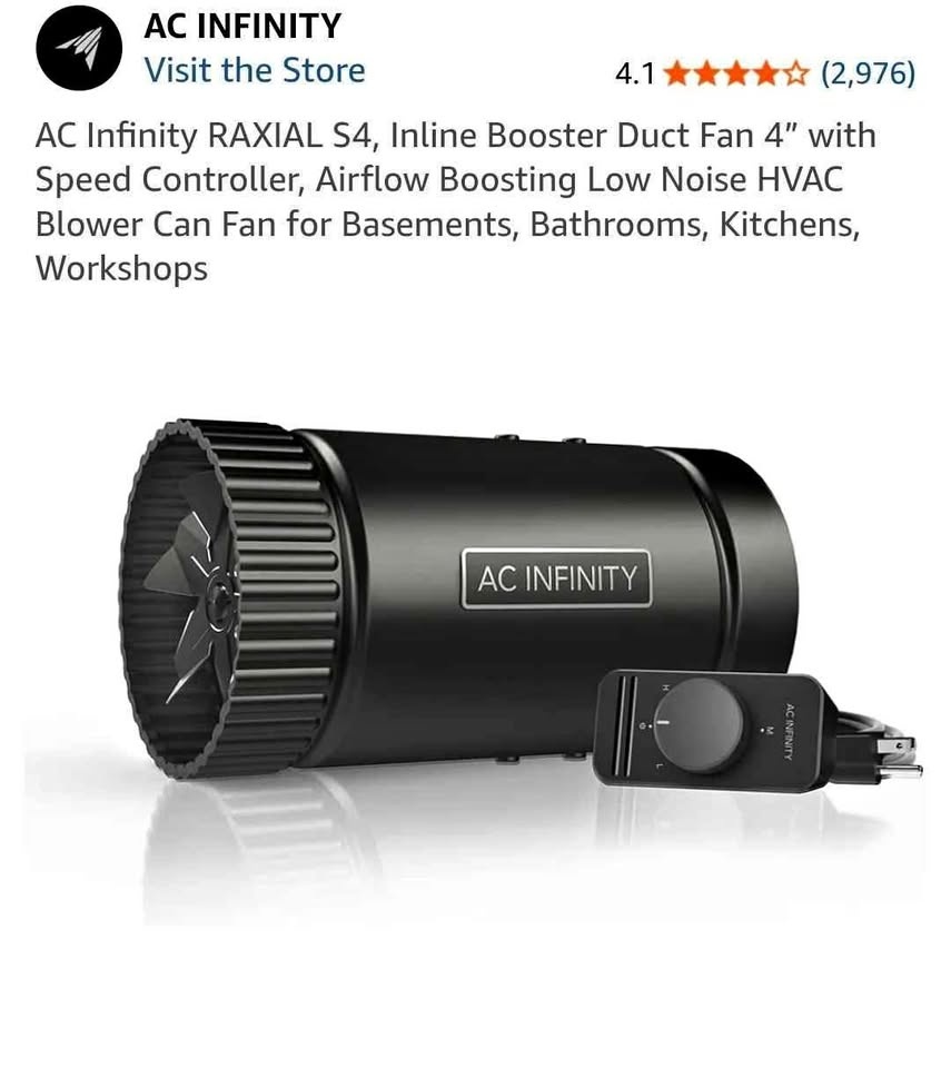 AC Infinity RAXIAL S4, Inline Booster Duct Fan 4"