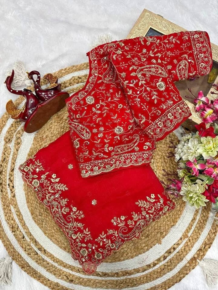 Fully stitched red partywear saree with beautiful work