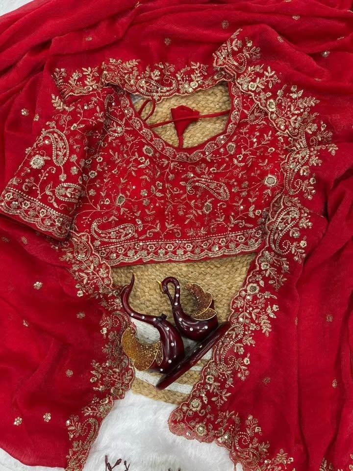 Fully stitched red partywear saree with beautiful work - photo 2