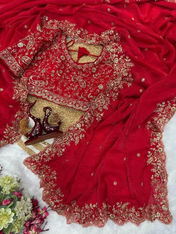 Fully stitched red partywear saree with beautiful work - photo 3