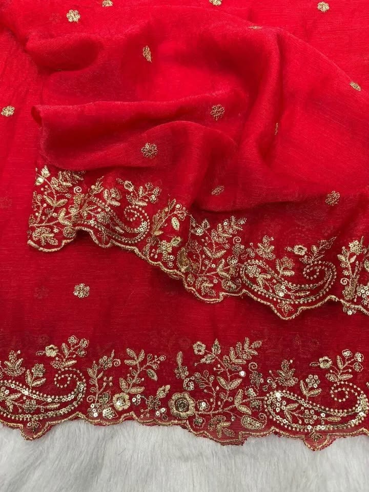 Fully stitched red partywear saree with beautiful work - photo 4