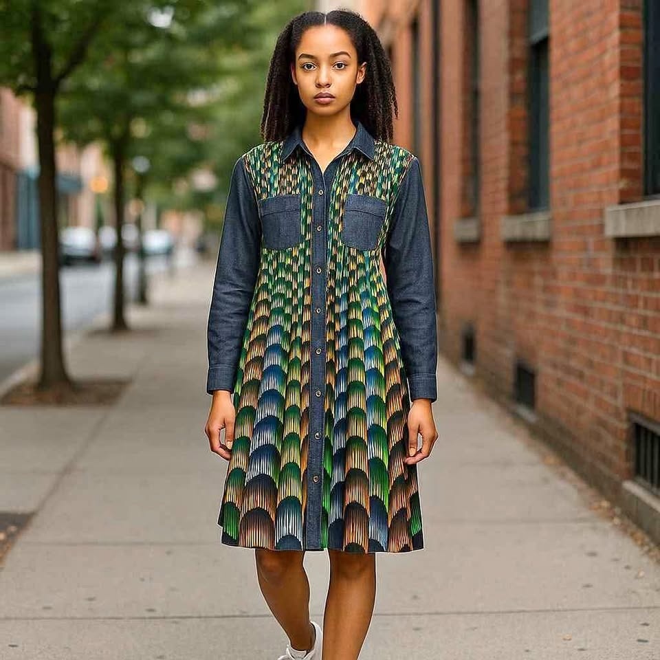 Denim & Ankara Combo Shirt Dress