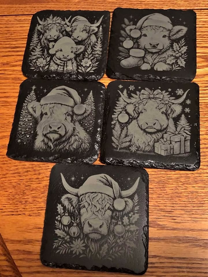 Christmas Highland Cow Slate Coasters