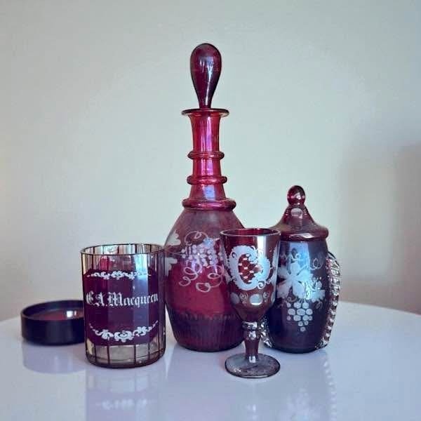 Ruby Red Bohemian Glass Vintage Barware Set- Czech Crystal