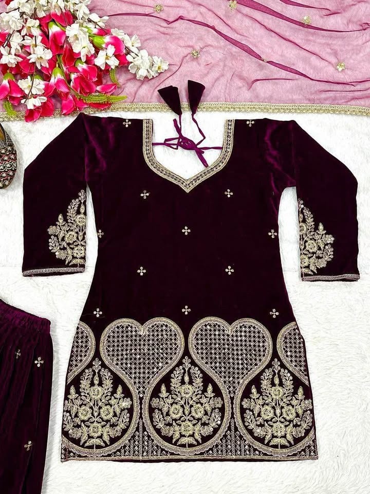 Partywear velvet suit with beautiful work - photo 3