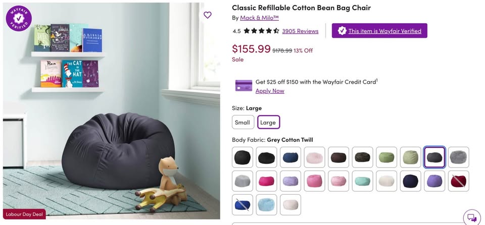 Wayfair Grey Cotton Twill Bean Bag - photo 2