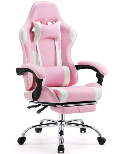 Gaming Chair w/ Footrest Swivel Reclining Pink/White