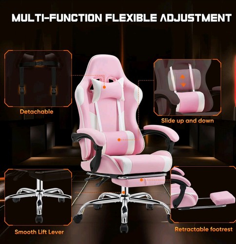 Gaming Chair w/ Footrest Swivel Reclining Pink/White - photo 5
