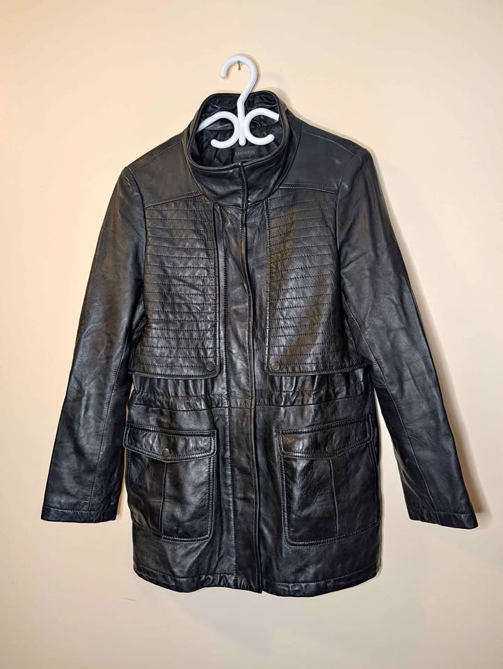 Danier Quilted Black Leather Field Jacket, Leather Jacket Size S