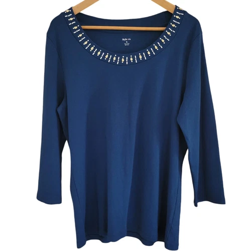 Style & Co Blouse Womens XL Blue Rhinestone