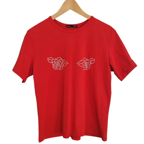 Zara Rose Sequins T-Shirt Womens Size Small Red Floral Short Sle