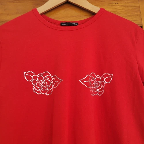 Zara Rose Sequins T-Shirt Womens Size Small Red Floral Short Sle - photo 4