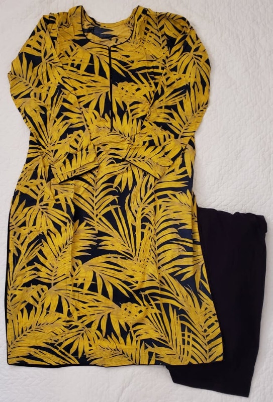NEW Shalwar Kameez Navy and Yellow Leaf print