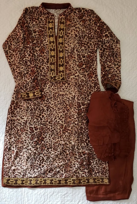 NEW Shalwar Kameez Chocolate Brown, Leopard motif