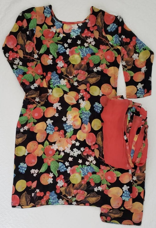 NEW Shalwar Kameez Black, Coral Fruit motif