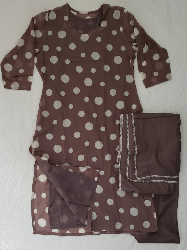 NEW Shalwar Kameez Grey Taupe, large Polka Dots