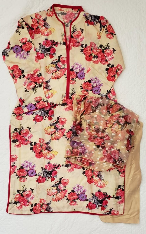 NEW Shalwar Kameez Cream, Red Floral