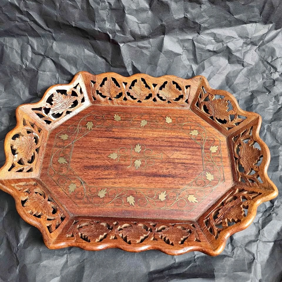 Antique Hand Carved Wood Brass Inlay Tray