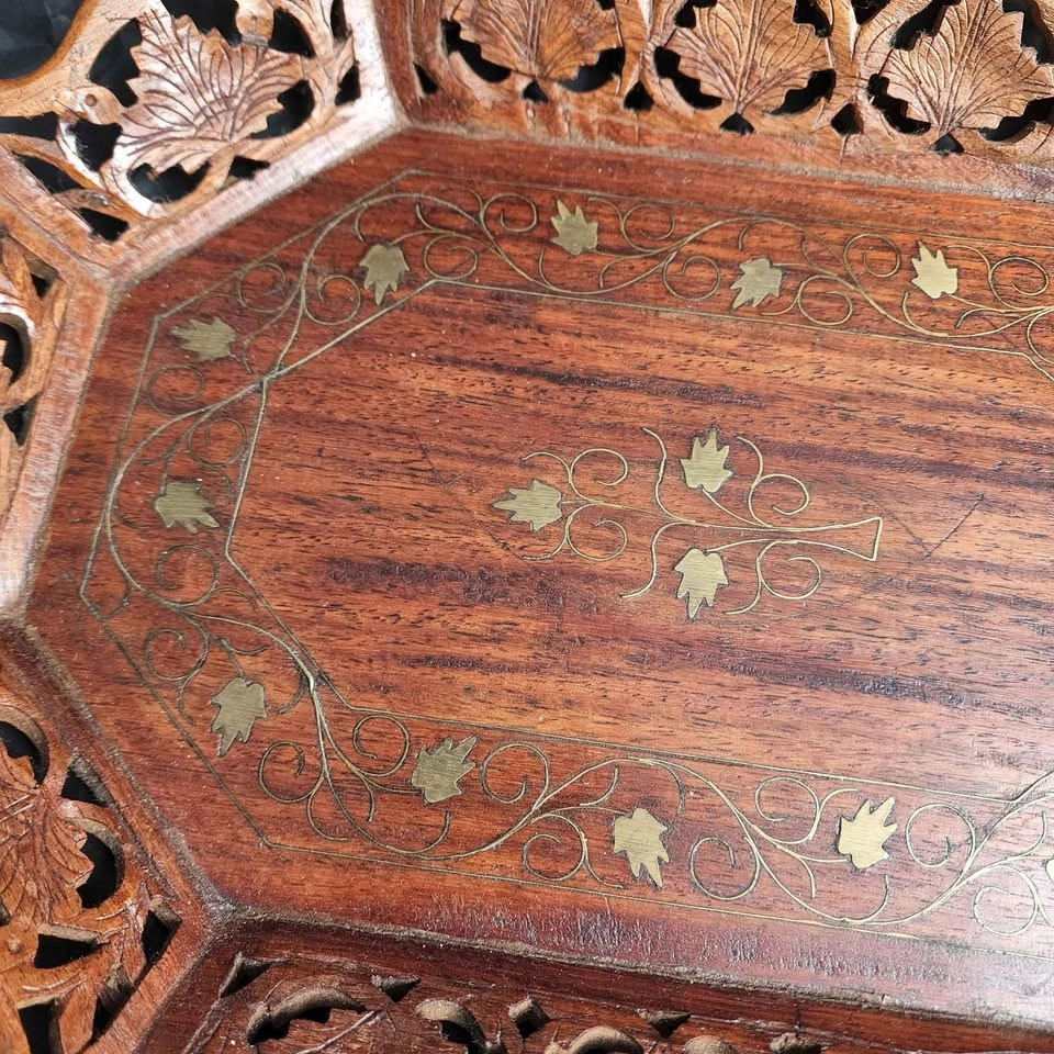 Antique Hand Carved Wood Brass Inlay Tray - photo 2