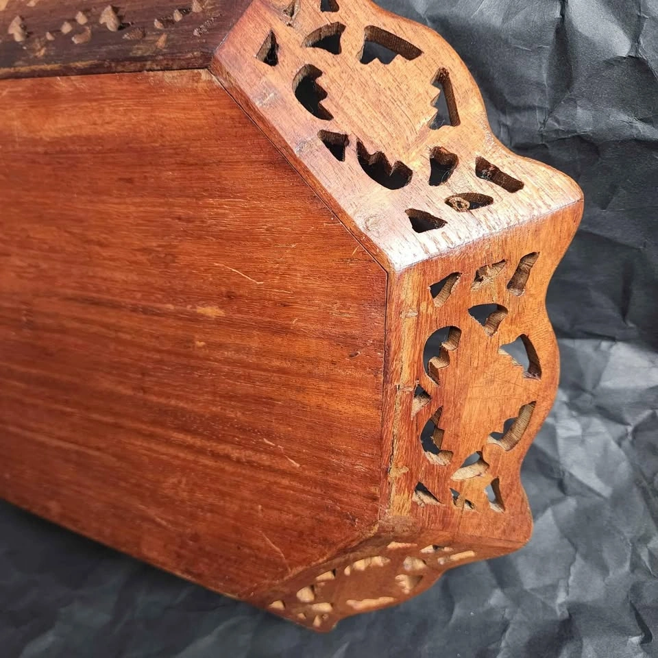 Antique Hand Carved Wood Brass Inlay Tray - photo 3