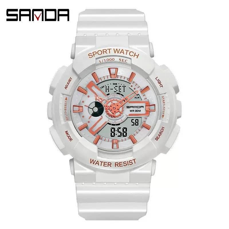 Sanda sport watch with a white resin case and silicone band, fea