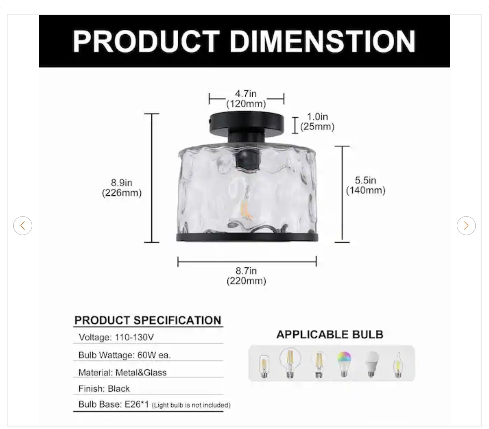9 in. 1-Light Black Modern Semi Flush Mount Ceiling Light - New - photo 3