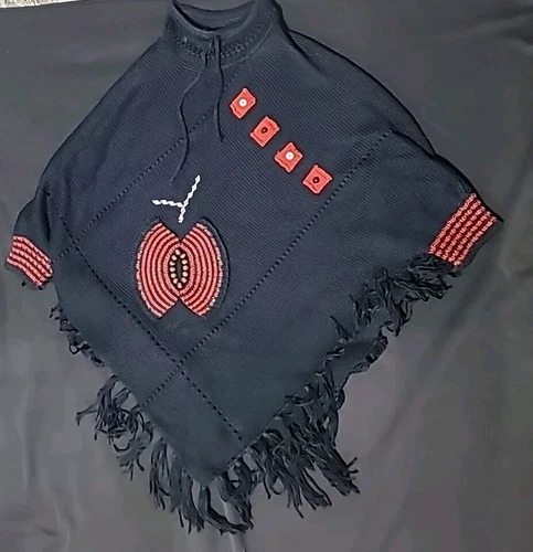 Exotic Hand Knitted Wool Crochet Poncho Black And Red
