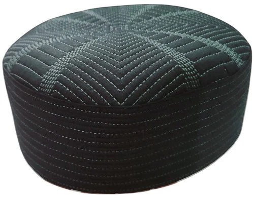 Islamic Prayer Cap, Black Quilted Cotton with Geometric Pattern,