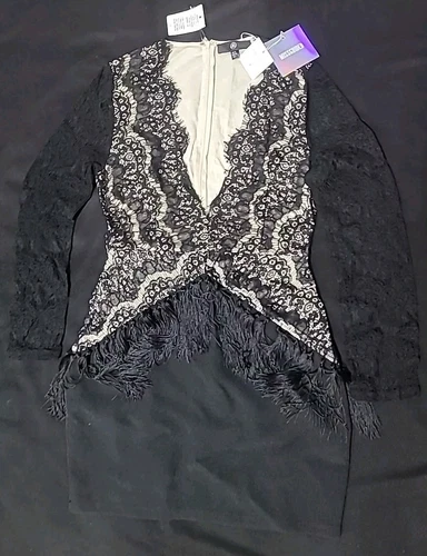 Missguided Plunge Lace Tassel Bodycon Dress Black US Size 8