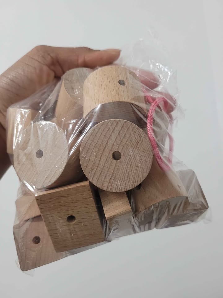 Wooden block beading toy montessori toddler kids with lace - photo 2