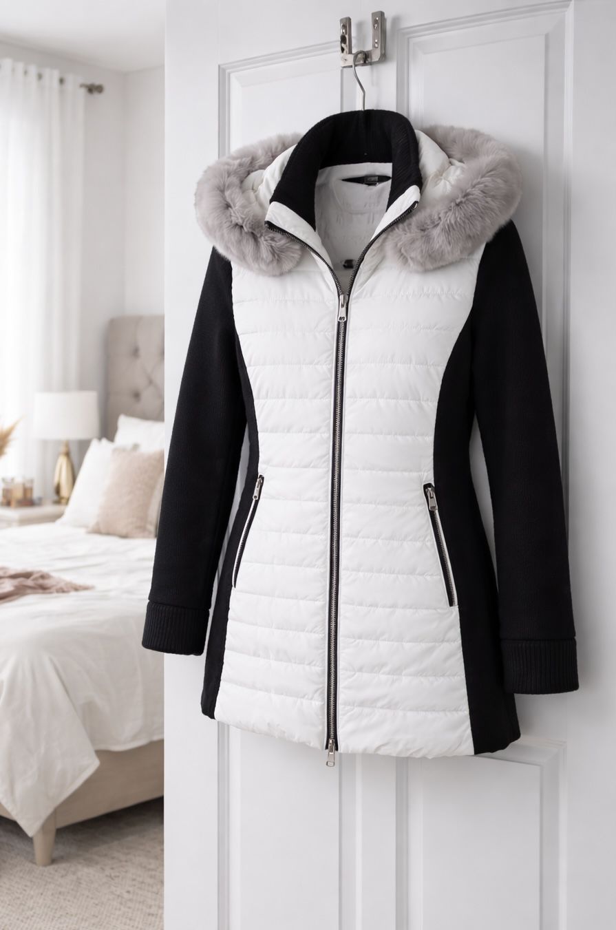 Calvin Klein Walker Jacket White Black Gray Faux Fur L