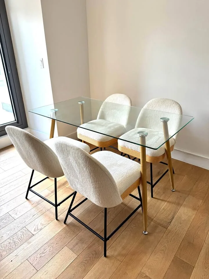 Glass Table W/ Set of Four Boucle Chairs