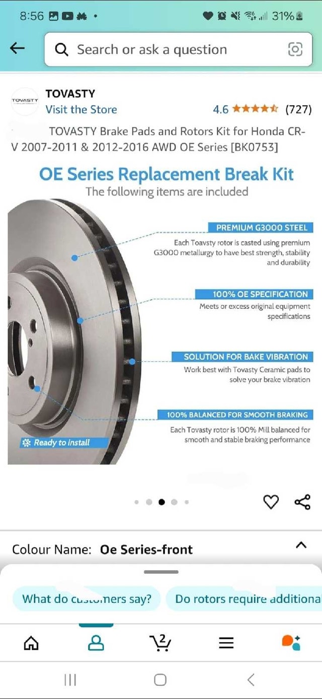 Brand New TOVASTY Rear Brake Pads and Rotors Kit for Honda CR-V - photo 2