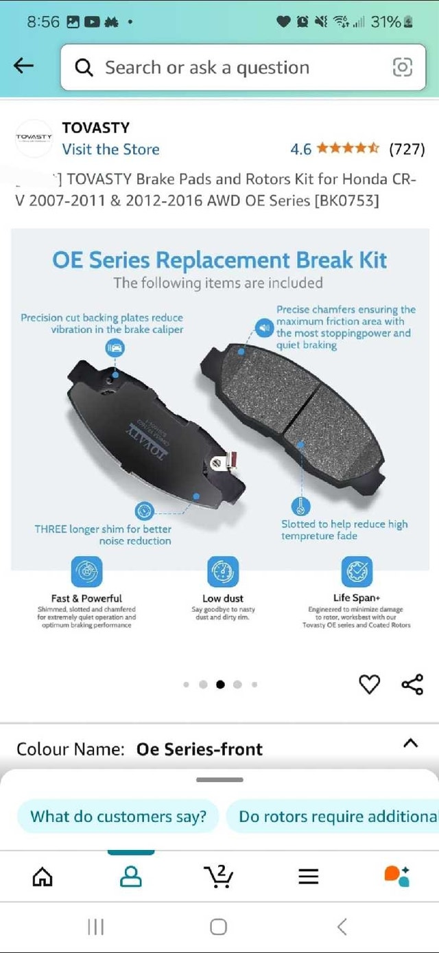 Brand New TOVASTY Rear Brake Pads and Rotors Kit for Honda CR-V - photo 3