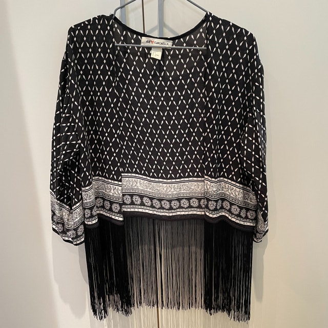 H&M Coachella Kimono Top Black and White Fringe-SM