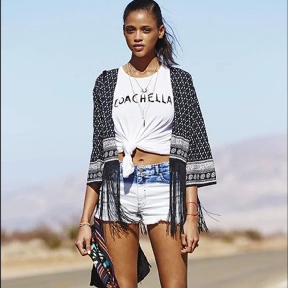 H&M Coachella Kimono Top Black and White Fringe-SM - photo 2
