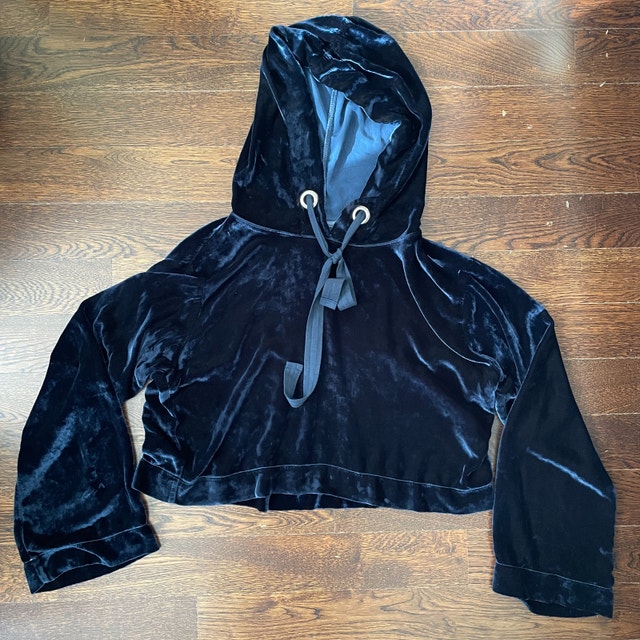Bella Dahl Navy Blue Velvet Velour Cropped Hoodie Top-XS