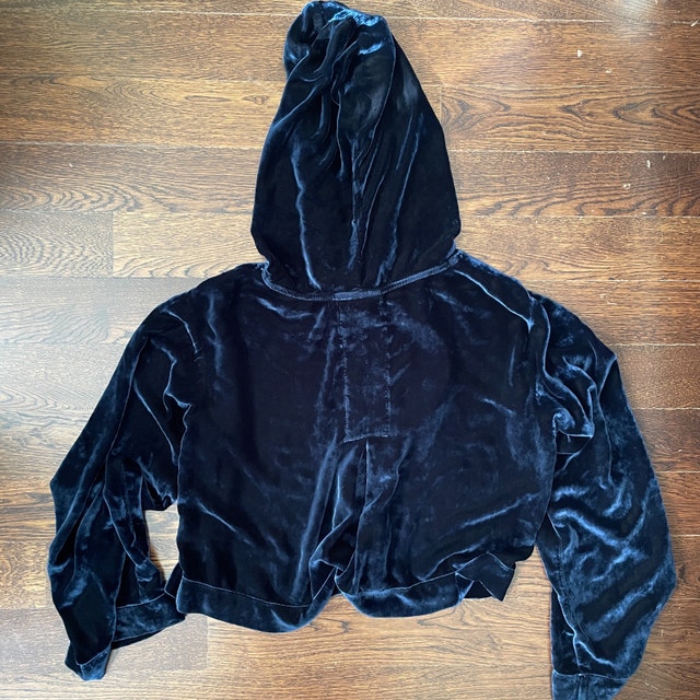 Bella Dahl Navy Blue Velvet Velour Cropped Hoodie Top-XS - photo 5