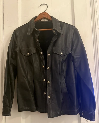 Vintage Women's Swann Leather Jacket Black White Stitching Size