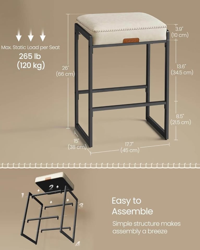 VASAGLE EKHO Bar Stools - Set of 2 Cream White (NEW) - photo 2