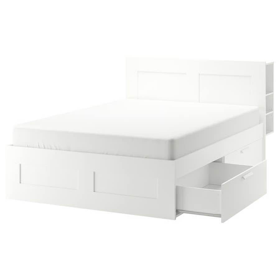 Queen Bedframe with drawers & headboard (IKEA Brimnes white)