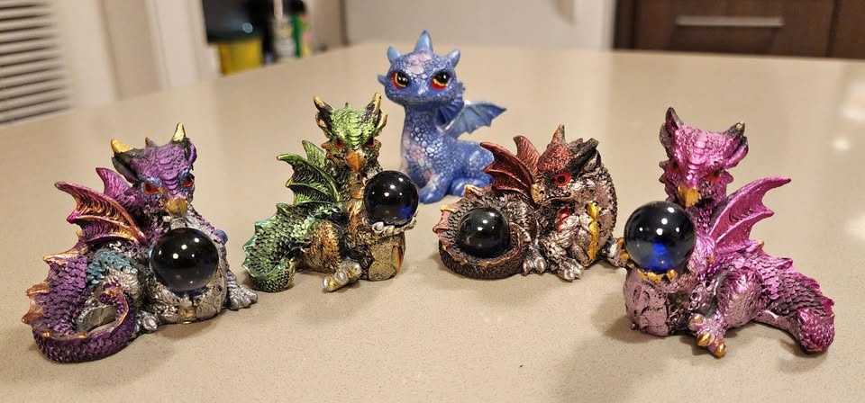 Collection of 5 Fantasy Dragon Figurines with Glass Orbs