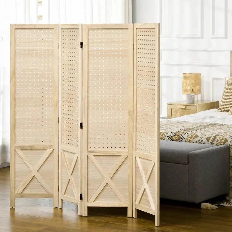 4.7' 4 Panel Wooden Room Divider with Pegboard Display thumbnail