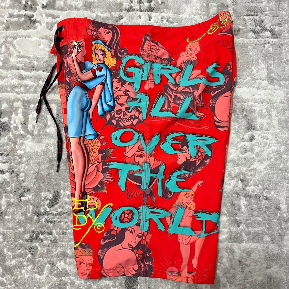 ED HARDY SURF OR DIE GIRLS OVER THE WORLD BOARD SHORTS