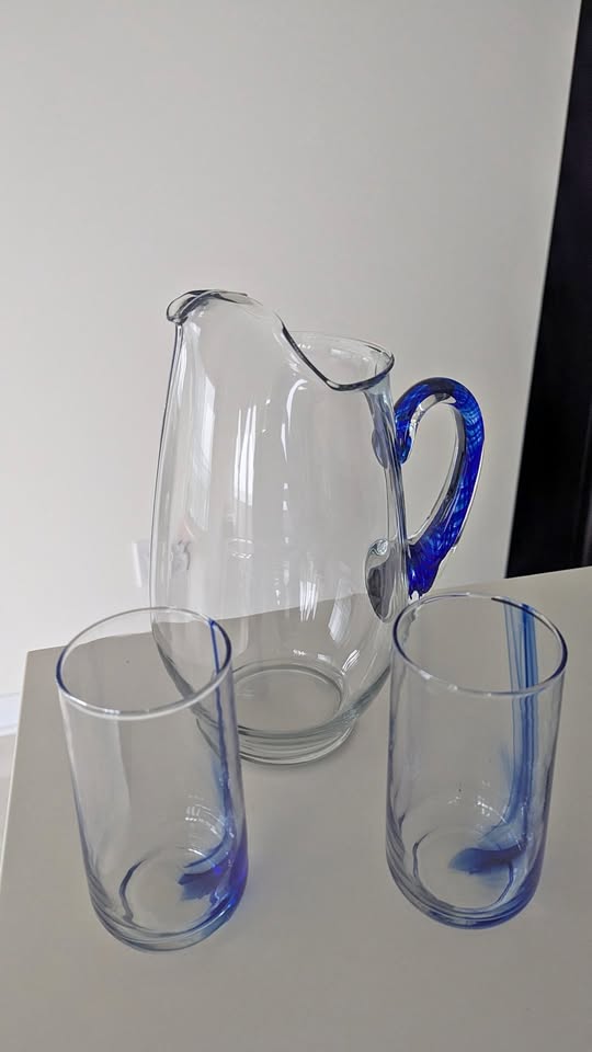 Hand-Blown Glass Pitcher + 2 Glasses