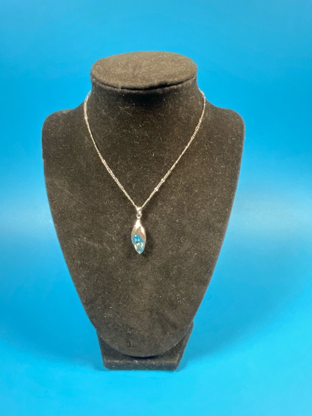 Silver Tone Necklace with Blue Stone Pendant